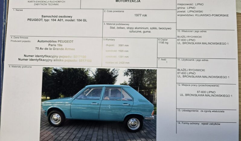 Peugeot 104 Wersja GL Pojazd Zabytkowy 1977 Żółte tablice Stan kolekcjonerski full